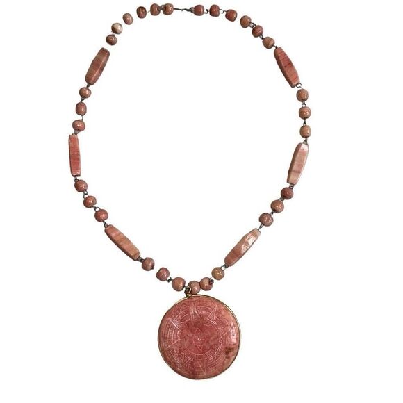 Vintage Pink Alabaster Natural Gemstone Necklace Mayan Sun Calendar Hand Carved - Picture 2 of 6